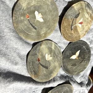 Vintage Floral Coasters Inlaid Mother of Pearl Stone of Flowers 3.5" set of 6